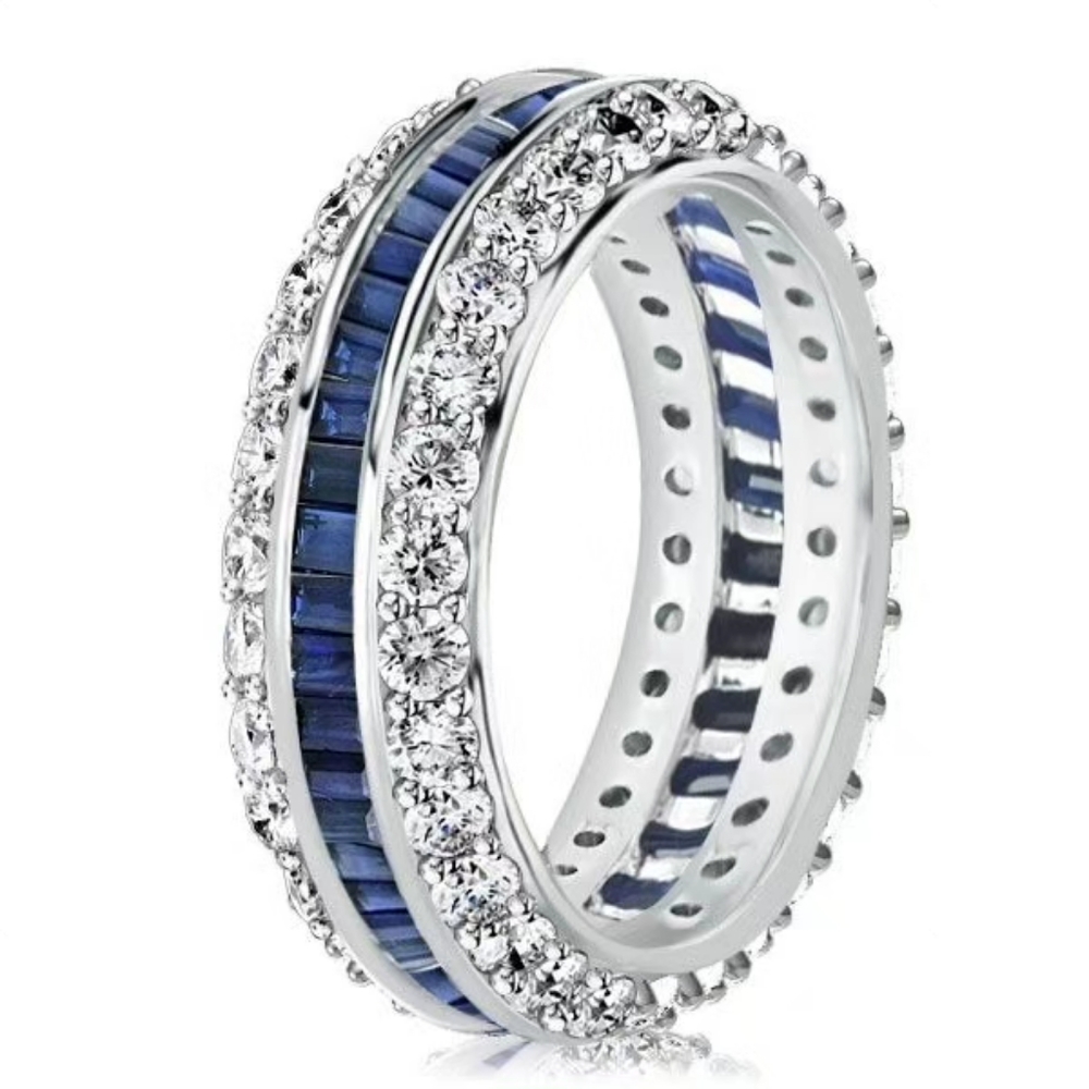 Sapphire Moissanite Eternity Wedding Bands In Sterling Silver